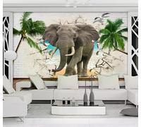 Tzxztt Elephant Broken Wall Coconut Tree Sea Landscape Modern 3D Wallpaper Premium Textured Silk Neutral Tones Material Ideal for Living Room Bedroom-400cm×280cm