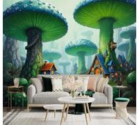 Tzxztt Enchanted Forest Giant Mushrooms Houses Mist Path Modern 3D Wallpaper Premium Textured Silk Neutral Tones Material Ideal for Living Room Bedroom-250cm×170cm