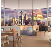 Tzxztt Ethereal Sunset Balcony City Architecture Landscape Modern 3D Wallpaper Premium Textured Silk Neutral Tones Material Ideal for Living Room Bedroom-150cm×105cm