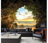 Tzxztt Ethereal Sunset Cave Flying Birds Sea Modern 3D Wallpaper Premium Textured Silk Neutral Tones Material Ideal for Living Room Bedroom-350cm×256cm