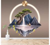 Tzxztt Floating Island Waterfall Deer Sailing Ship Mountain Range Modern 3D Wallpaper Premium Textured Silk Neutral Tones Material Ideal for Living Room Bedroom-430cm×300cm