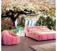 Tzxztt Fresh Beautiful High Mountains Flowing Water Waterfalls Cherry Blossoms Modern 3D Wallpaper Premium Textured Silk Neutral Tones Material Ideal for Living Room Bedroom-350cm×256cm