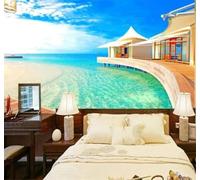 Tzxztt Fresh Beautiful Log Cabin Seaside Blue Sky Beach Modern 3D Wallpaper Premium Textured Silk Neutral Tones Material Ideal for Living Room Bedroom-430cm×300cm