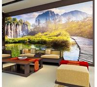 Tzxztt Fresh Beautiful Waterfall Forest Wooden Bridge Modern 3D Wallpaper Premium Textured Silk Neutral Tones Material Ideal for Living Room Bedroom-350cm×256cm