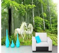 Tzxztt Fresh Green Forest Animals White Horse Modern 3D Wallpaper Premium Textured Silk Neutral Tones Material Ideal for Living Room Bedroom-300cm×210cm