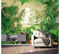 Tzxztt Fresh Green Plants Window View Pastoral Modern 3D Wallpaper Premium Textured Silk Neutral Tones Material Ideal for Living Room Bedroom-350cm×256cm