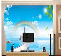Tzxztt Fresh Sea Small Bridge Architecture Rainbow Blue Sky Modern 3D Wallpaper Premium Textured Silk Neutral Tones Material Ideal for Living Room Bedroom-350cm×256cm