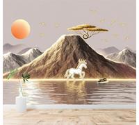 Tzxztt Golden Mountain Peaks Sunset White Horse Birds in Flight Landscape Modern 3D Wallpaper Premium Textured Silk Neutral Tones Material Ideal for Living Room Bedroom-250cm×170cm