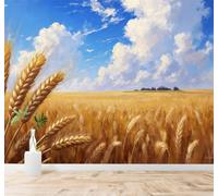 Tzxztt Golden Wheat Fields Blue Sky White Clouds Landscape Modern 3D Wallpaper Premium Textured Silk Neutral Tones Material Ideal for Living Room Bedroom-350cm×256cm