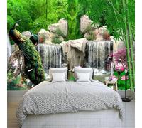Tzxztt Green Bamboo Forest Peacock Lotus Waterfall Modern 3D Wallpaper Premium Textured Silk Neutral Tones Material Ideal for Living Room Bedroom-400cm×280cm