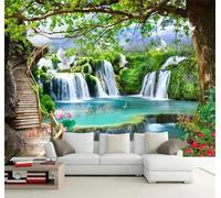 Tzxztt Green Forest Waterfall Flying Birds Lotus Modern 3D Wallpaper Premium Textured Silk Neutral Tones Material Ideal for Living Room Bedroom-400cm×280cm