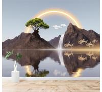 Tzxztt Green Trees Island Waterfall Golden Glow Lake Modern 3D Wallpaper Premium Textured Silk Neutral Tones Material Ideal for Living Room Bedroom-300cm×210cm
