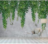 Tzxztt Grey Concrete Wall Birds in Flight Green Leaves Vines Modern 3D Wallpaper Premium Textured Silk Neutral Tones Material Ideal for Living Room Bedroom-150cm×105cm