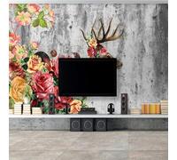 Tzxztt Grey Concrete Wall Reindeer Pink Flowers Modern 3D Wallpaper Premium Textured Silk Neutral Tones Material Ideal for Living Room Bedroom-150cm×105cm