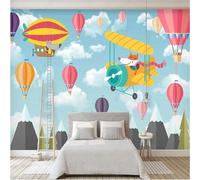Tzxztt Hand Drawn Cartoon Colourful Hot Air Balloon Aeroplane Fox Modern 3D Wallpaper Premium Textured Silk Neutral Tones Material Ideal for Living Room Bedroom-200cm×140cm