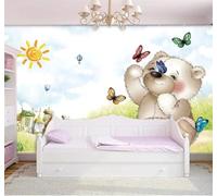 Tzxztt Hand Drawn Cartoon Grassland Bear Butterfly Modern 3D Wallpaper Premium Textured Silk Neutral Tones Material Ideal for Living Room Bedroom-250cm×170cm