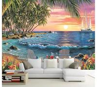 Tzxztt Hand Drawn Coconut Groves Sandy Beaches Deckchairs The Sea Beautiful Scenery Modern 3D Wallpaper Premium Textured Silk Neutral Tones Material Ideal for Living Room Bedroom-250cm×170cm