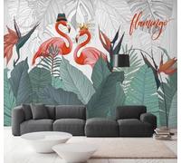 Tzxztt Hand Drawn Fresh Beautiful Flamingos Banana Leaves Plants Modern 3D Wallpaper Premium Textured Silk Neutral Tones Material Ideal for Living Room Bedroom-350cm×256cm