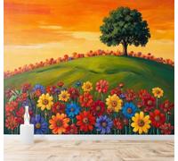 Tzxztt Hand Painted Colourful Flower Fields Green Hills Trees Sunset Modern 3D Wallpaper Premium Textured Silk Neutral Tones Material Ideal for Living Room Bedroom-150cm×105cm