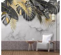 Tzxztt Hand Painted Tropical Plants Leaves Faux White Marble Modern 3D Wallpaper Premium Textured Silk Neutral Tones Material Ideal for Living Room Bedroom-150cm×105cm