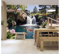 Tzxztt Koi Pond Garden Wooden Bridge Waterfall Natural Scenery Modern 3D Wallpaper Premium Textured Silk Neutral Tones Material Ideal for Living Room Bedroom-250cm×170cm