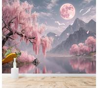 Tzxztt Lake Beautiful Pink Cherry Blossom Trees Mountains Full Moon Modern 3D Wallpaper Premium Textured Silk Neutral Tones Material Ideal for Living Room Bedroom-250cm×170cm
