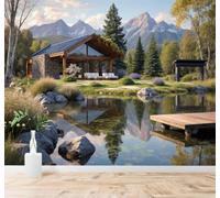 Tzxztt Lakes Mountain Peaks A Cabin Pine Trees Natural Scenery Modern 3D Wallpaper Premium Textured Silk Neutral Tones Material Ideal for Living Room Bedroom-350cm×256cm