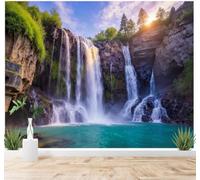 Tzxztt Magnificent Waterfall Rocky Cliffs Green Forest Sunshine Natural Scenery Modern 3D Wallpaper Premium Textured Silk Neutral Tones Material Ideal for Living Room Bedroom-350cm×256cm