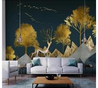 Tzxztt Minimalist Abstract Geometric Gold Forest Reindeer Modern 3D Wallpaper Premium Textured Silk Neutral Tones Material Ideal for Living Room Bedroom-200cm×140cm