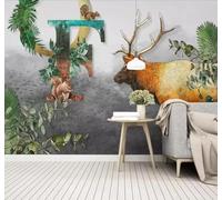 Tzxztt Minimalist Hand Drawn Animals Reindeer Green Leaves Squirrel Modern 3D Wallpaper Premium Textured Silk Neutral Tones Material Ideal for Living Room Bedroom-430cm×300cm