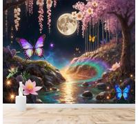 Tzxztt Moon Cherry Blossoms Butterflies River Dreamlike Night View Modern 3D Wallpaper Premium Textured Silk Neutral Tones Material Ideal for Living Room Bedroom-150cm×105cm