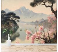 Tzxztt Mountain Peaks Lakes Cherry Blossom Trees Birds in Flight Natural Scenery Modern 3D Wallpaper Premium Textured Silk Neutral Tones Material Ideal for Living Room Bedroom-430cm×300cm