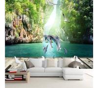 Tzxztt Mountain Peaks Lakes Dolphins Birds in Flight Scenery Modern 3D Wallpaper Premium Textured Silk Neutral Tones Material Ideal for Living Room Bedroom-300cm×210cm