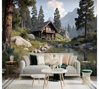 Tzxztt Mountains Lakes Cosy Log Cabin Pine Trees Rocks Modern 3D Wallpaper Premium Textured Silk Neutral Tones Material Ideal for Living Room Bedroom-430cm×300cm