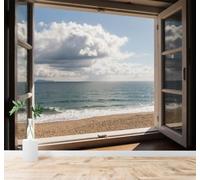 Tzxztt Open Window Beach Clouds Coast Seascape Modern 3D Wallpaper Premium Textured Silk Neutral Tones Material Ideal for Living Room Bedroom-350cm×256cm