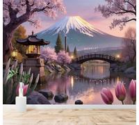 Tzxztt Picturesque Snow Capped Mountains Cherry Blossom Trees Wooden Bridge River Lanterns Modern 3D Wallpaper Premium Textured Silk Neutral Tones Material Ideal for Living Room Bedroom-200cm×140cm