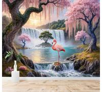 Tzxztt Pink Flamingos Waterfall Cherry Blossom Trees Dreamlike Scenery Modern 3D Wallpaper Premium Textured Silk Neutral Tones Material Ideal for Living Room Bedroom-250cm×170cm