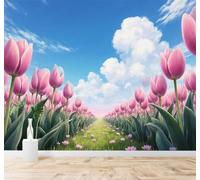 Tzxztt Pink Tulips Fields Blue Sky White Clouds Modern 3D Wallpaper Premium Textured Silk Neutral Tones Material Ideal for Living Room Bedroom-350cm×256cm