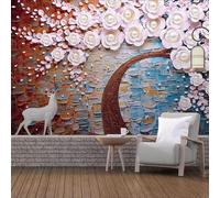 Tzxztt Relief Carving Reindeer Pearls Trees Flowers Modern 3D Wallpaper Premium Textured Silk Neutral Tones Material Ideal for Living Room Bedroom-250cm×170cm