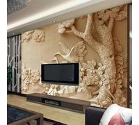 Tzxztt Relief Carving Trees Flowers Birds in Flight Art Modern 3D Wallpaper Premium Textured Silk Neutral Tones Material Ideal for Living Room Bedroom-250cm×170cm