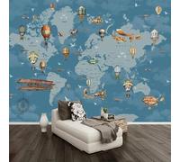 Tzxztt Retro Blue Cartoon World Map Hot Air Balloon Aeroplane Modern 3D Wallpaper Premium Textured Silk Neutral Tones Material Ideal for Living Room Bedroom-350cm×256cm