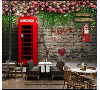 Tzxztt Retro Brick Wall Red Telephone Box Flowers Modern 3D Wallpaper Premium Textured Silk Neutral Tones Material Ideal for Living Room Bedroom-400cm×280cm