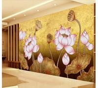 Tzxztt Retro Gold Three Dimensional Pink Lotus Modern 3D Wallpaper Premium Textured Silk Neutral Tones Material Ideal for Living Room Bedroom-350cm×256cm