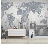 Tzxztt Retro Hand Drawn World Map Cityscapes Hot Air Balloons Modern 3D Wallpaper Premium Textured Silk Neutral Tones Material Ideal for Living Room Bedroom-200cm×140cm