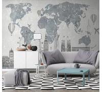 Tzxztt Retro Hand Painted World Map City Architecture Art Modern 3D Wallpaper Premium Textured Silk Neutral Tones Material Ideal for Living Room Bedroom-250cm×170cm