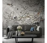 Tzxztt Retro Mountain Peaks Branches Flowers Flying Birds Modern 3D Wallpaper Premium Textured Silk Neutral Tones Material Ideal for Living Room Bedroom-350cm×256cm
