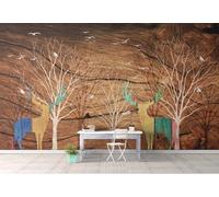 Tzxztt Retro Wood Grain Branches Elk Flying Birds Modern 3D Wallpaper Premium Textured Silk Neutral Tones Material Ideal for Living Room Bedroom-350cm×256cm