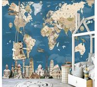 Tzxztt Retro World Map Hot Air Balloon Aeroplane Architecture Modern 3D Wallpaper Premium Textured Silk Neutral Tones Material Ideal for Living Room Bedroom-150cm×105cm