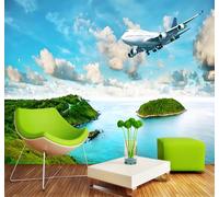 Tzxztt Seaside Island Tropical Forest Aeroplane Landscape Modern 3D Wallpaper Premium Textured Silk Neutral Tones Material Ideal for Living Room Bedroom-350cm×256cm