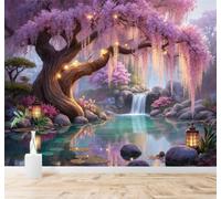 Tzxztt Serene Lake Beautiful Cherry Blossom Trees Lanterns Waterfall Modern 3D Wallpaper Premium Textured Silk Neutral Tones Material Ideal for Living Room Bedroom-430cm×300cm